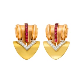 Pair of Two-Color Gold, Platinum, Ruby and Diamond Clips