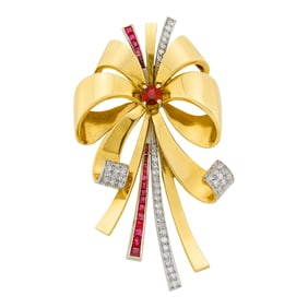 Gold, Platinum, Ruby and Diamond Bow Clip