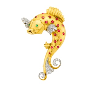 Gold, Platinum, Ruby, Emerald and Diamond Fish Clip-Brooch