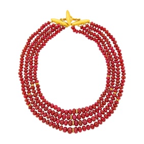 Darlene de Sedle Four Strand Ruby Bead, High Karat Gold and Diamond Necklace
