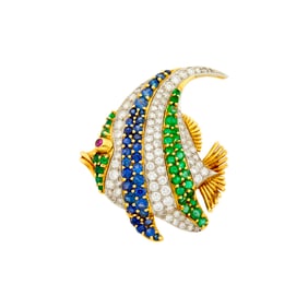 Gold, Platinum, Sapphire, Emerald and Diamond Angel Fish Clip-Brooch