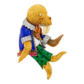 Two-Color Gold, Multicolored Enamel, Diamond and Ruby Walrus Brooch