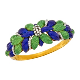 Two-Color Gold, Enamel and Diamond Bangle Bracelet