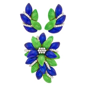 Two-Color Gold, Enamel and Diamond Flower Clip-Brooch and Pair of Leaf Earclips