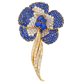 Gold, Sapphire and Diamond Flower Pendant-Brooch