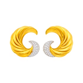 Pair of Two-Color Gold and Diamond Crescent Earrings