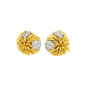 Pair of Two-Color Gold and Diamond Earclips