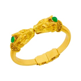 Gold and Cabochon Emerald Animal Head Bangle Bracelet