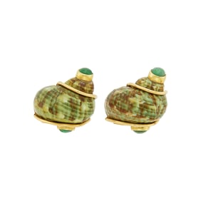 Seaman Schepps Pair of Gold, Green Shell and Cabochon Emerald Earrings