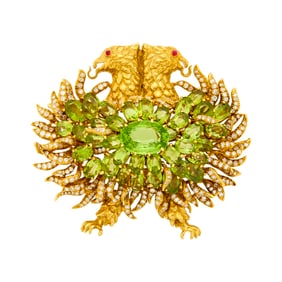 Julius Cohen Gold, Peridot and Diamond Double Griffin Pendant-Brooch