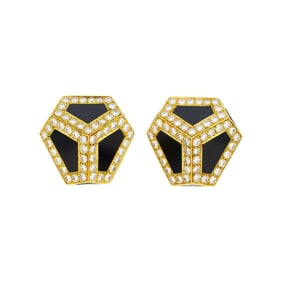 Pair of Gold, Black Onyx and Diamond Earclips