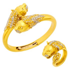 Two-Color Gold and Diamond Lioness Bangle Bracelet and Ring