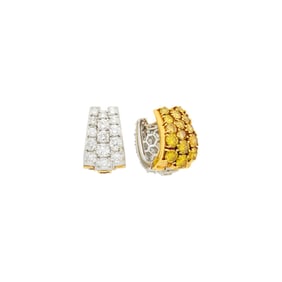 Pair of Platinum, Gold, Diamond and Colored Diamond Reversible Huggie Earrings
