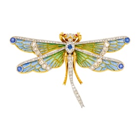 Gold, Platinum, Plique-à-Jour Enamel, Sapphire and Diamond Dragonfly Brooch, Retailed by Moira