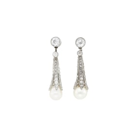 Pair of Platinum, Natural Pearl and Diamond Pendant-Earrings