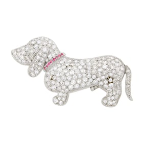 Platinum, Diamond and Ruby Basset Hound Brooch