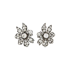 Pair of Silver, Gold and Diamond Flower Earclips