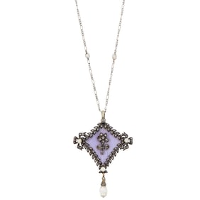 Belle Époque Silver, Gold, Pearl, Diamond Briolette and Purple Guilloché Enamel Pendant