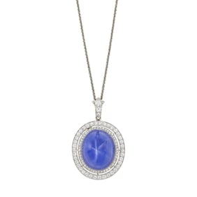 Frank Walter Lawrence Platinum, Gold, Star Sapphire and Diamond Pendant-Brooch with Chain Necklace