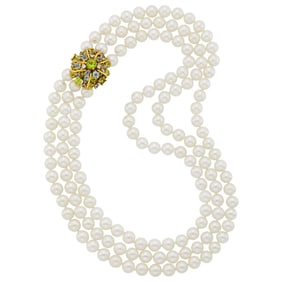 Seaman Schepps Triple Strand Cultured Pearl Necklace with Gold, Gem-Set and Diamond Clasp