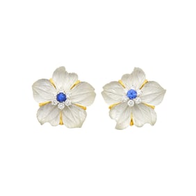 Seaman Schepps Pair of Gold, Carved Rock Crystal, Mother-of-Pearl, Sapphire and Diamond 'Clematis'