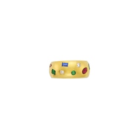 Wide Gold, Diamond and Colored Stone Band Ring