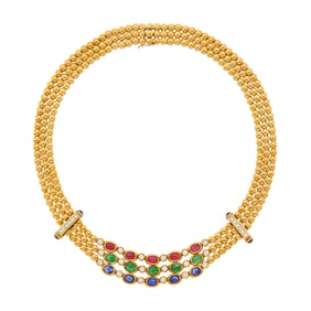 Triple Strand Gold, Cabochon Colored Stone and Diamond Necklace