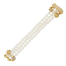 Triple Strand Cultured and Split Pearl, Gold and Diamond Bracelet