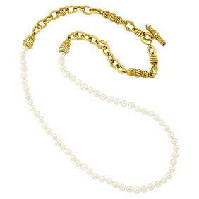 Judith Ripka Long Gold, Cultured Pearl, Diamond and Cabochon Ruby Toggle Necklace