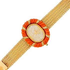 Delaneau Gold, Carved Coral and Diamond Mesh Wristwatch