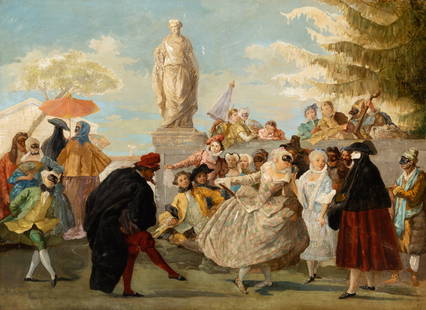 After Giovanni Domenico Tiepolo: Estate / Collection: Property of a European Private Collector The Minuet Oil on canvas 38 x 52 inches (96.5 x 132.1 cm) The original version of this work, painted in 1756, is in the Museu Nacional d'A