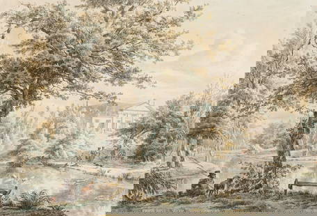 Attributed to Egbert van Drielst: Estate / Collection: Property of a European Private Collector View of the Elswout Country Estate Across a Large Pond Mixed media on paper 14 3/8 x 20 7/8 inches (36.5 x 53 cm) Frame dimensions: 21 1/2