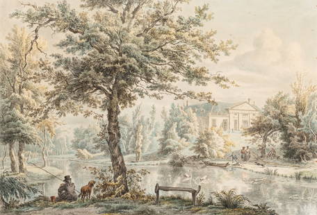 Attributed to Egbert van Drielst: Estate / Collection: Property of a European Private Collector View of the Elswout Country Estate Across a Large Pond Mixed media on paper 14 3/8 x 20 7/8 inches (36.5 x 53 cm) Frame dimensions: 21 1/2