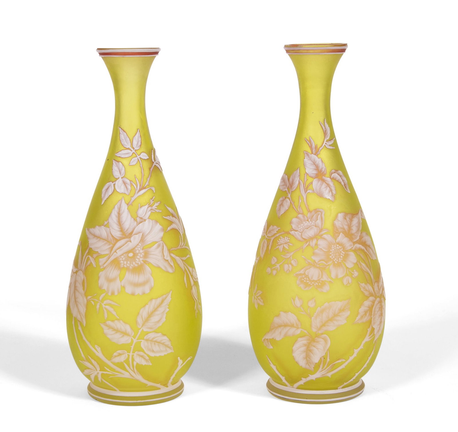 Pair of Thomas Webb & Sons Acid-Etched and Wheel-Engraved Triple Cameo Glass Vases: Late 19th/early 20th century Estate / Collection: Property of a Prominent Upper Side Collector Each of elongated bottle form, with a slender waisted neck, in transparent chartreuse yellow, transparent