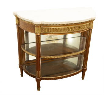 Louis XVI Style Marble Top Gilt-Metal Mounted Parquetry Inlaid Satinwood Side Cabinet: Maison Forest Ameublements, Paris, 19th century Estate / Collection: Property of a Prominent Upper Side Collector The drawer stamped Ameublements Forest Paris. Height 35 1/4 inches, width 39 1/2 inche