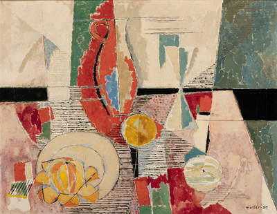 Hans Moller: German/American, 1905-2000 Composition, 1950 Signed and dated Moller-50 (lr); inscribed as titled on the stretcher Oil on canvas 28 1/4 x 36 inches (71.8 x 91.4 cm)Provenance: Herbert Benevy Gallery,