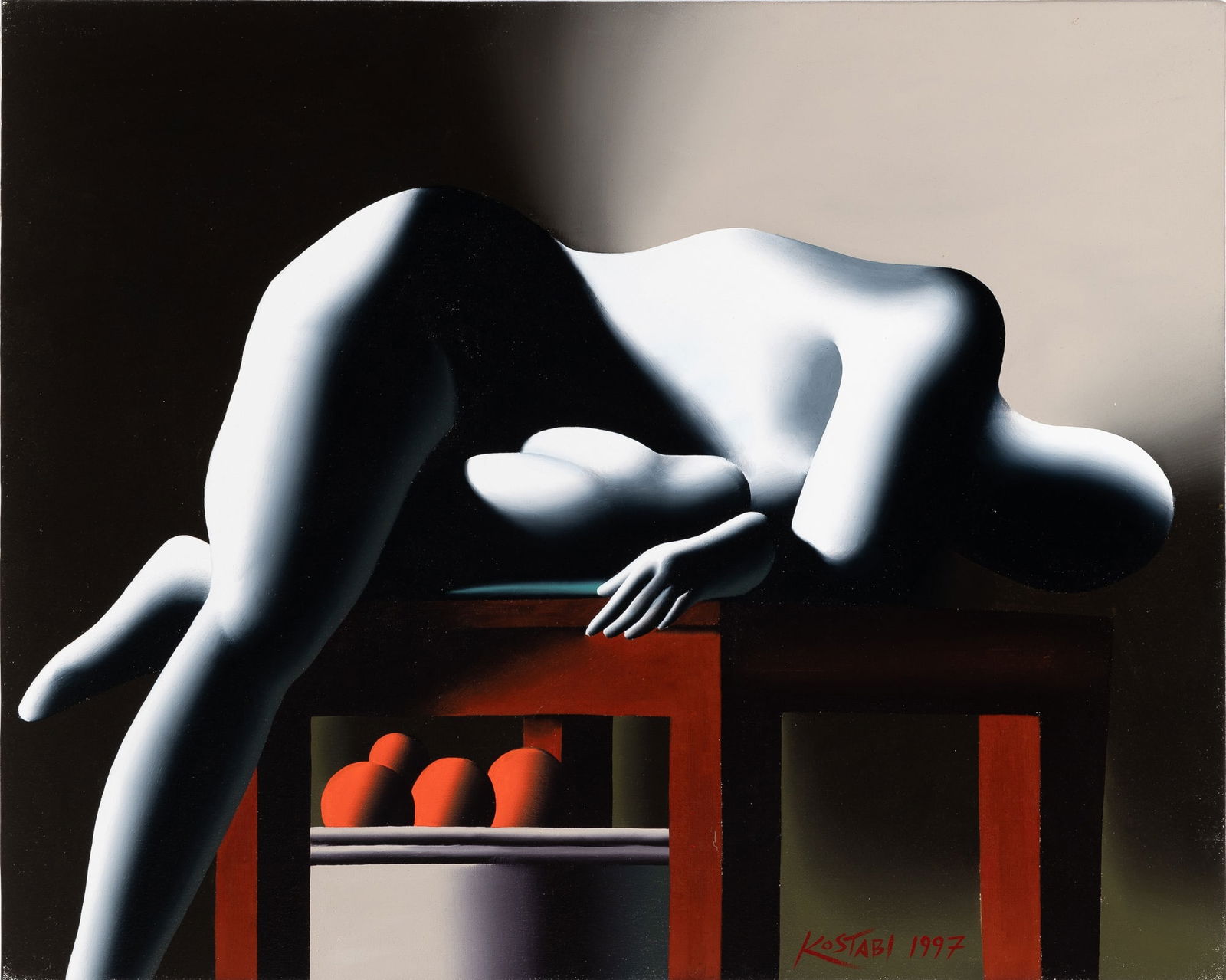 Mark Kostabi: American, b. 1960The Stillest Life, 1997Signed and dated Kostabi 1997 (lr), signed and dated Kostabi 1997 and inscribed as titled on the reverseOil on canvas24 x 30 inches (60.9 x 76.2 cm)Un