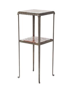 Art Deco Patinated Metal and Red Marble Two-Tier Etagere 1940s: Height 43 3/4 inches, 17 inches, square.