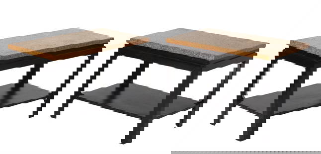 Pair of Paul Frankl Cork and Dark Stained Wood Side Tables 1940s: Each rectangular top above a recessed frieze, raised on triangular legs with a shelf stretcher. Height 21 inches, length 29 3/4 inches, depth 17 3/4 inches. Restored and refinished
