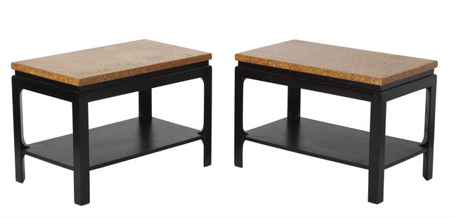 Pair of Paul Frankl Cork and Dark Stained Wood Side Tables 1940s: Each rectangular top above a recessed frieze, raised on triangular legs with a shelf stretcher. Height 21 inches, length 29 3/4 inches, depth 17 3/4 inches. Restored and refinished