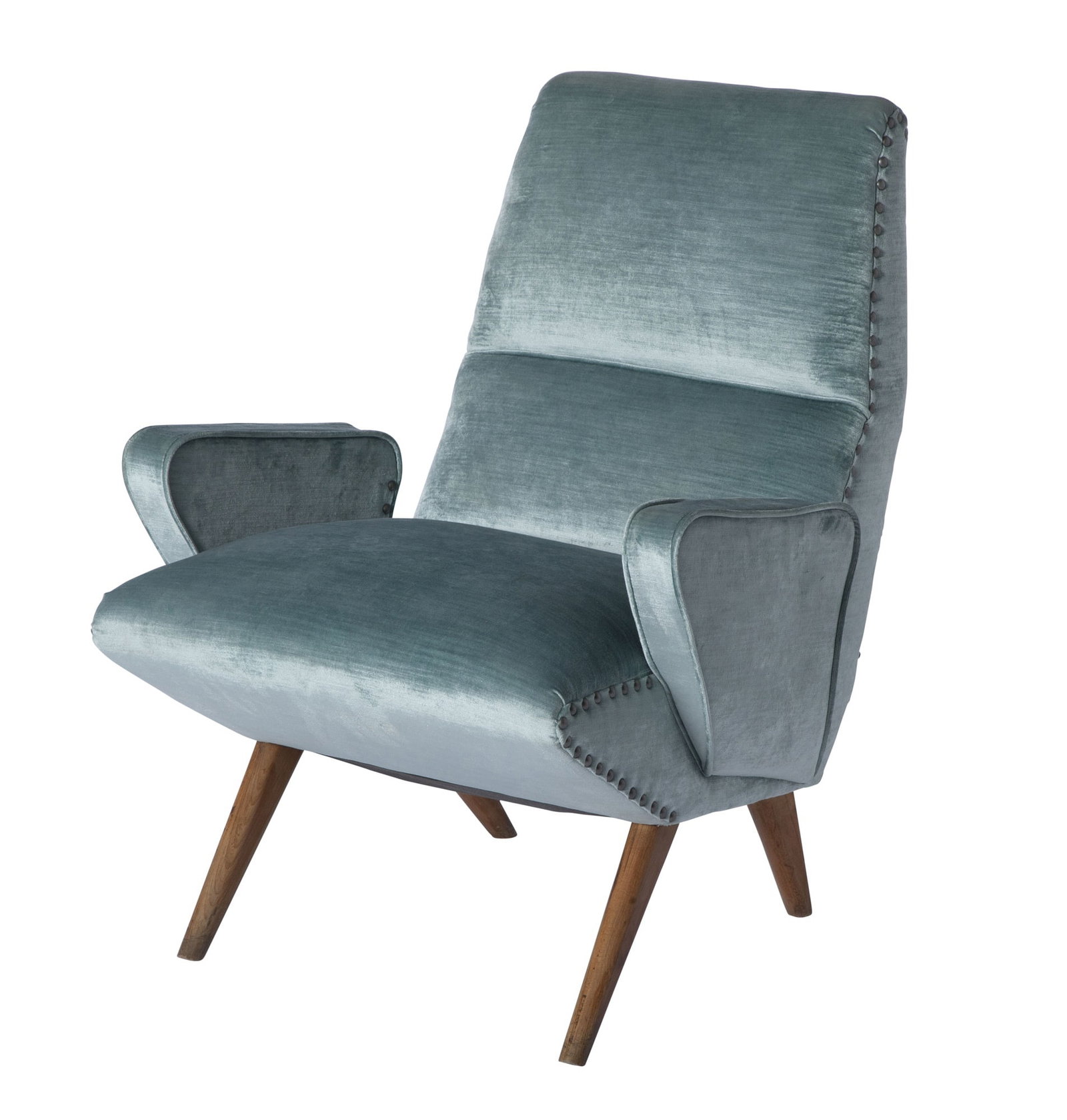 Marco Zanusso Style Upholstered Lounge Chair Mid 20th century: With nailhead trim, raised on tapering turned legs. Height of back 32 inches, height of seat 13 1/2 inches, width 25 inches, depth 28 inches.