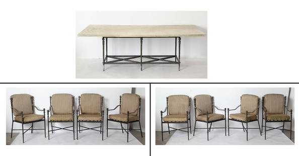 Michael Taylor Bronzed Aluminum and Cast Stone "Montecito" Dining Table and Eight Dining Chairs: Height of table 30 inches, length 7 feet 6 inches, depth 44 inches; height of chair back 37 inches, height of seat 19 inches, width 24 inches, depth 24 inches.