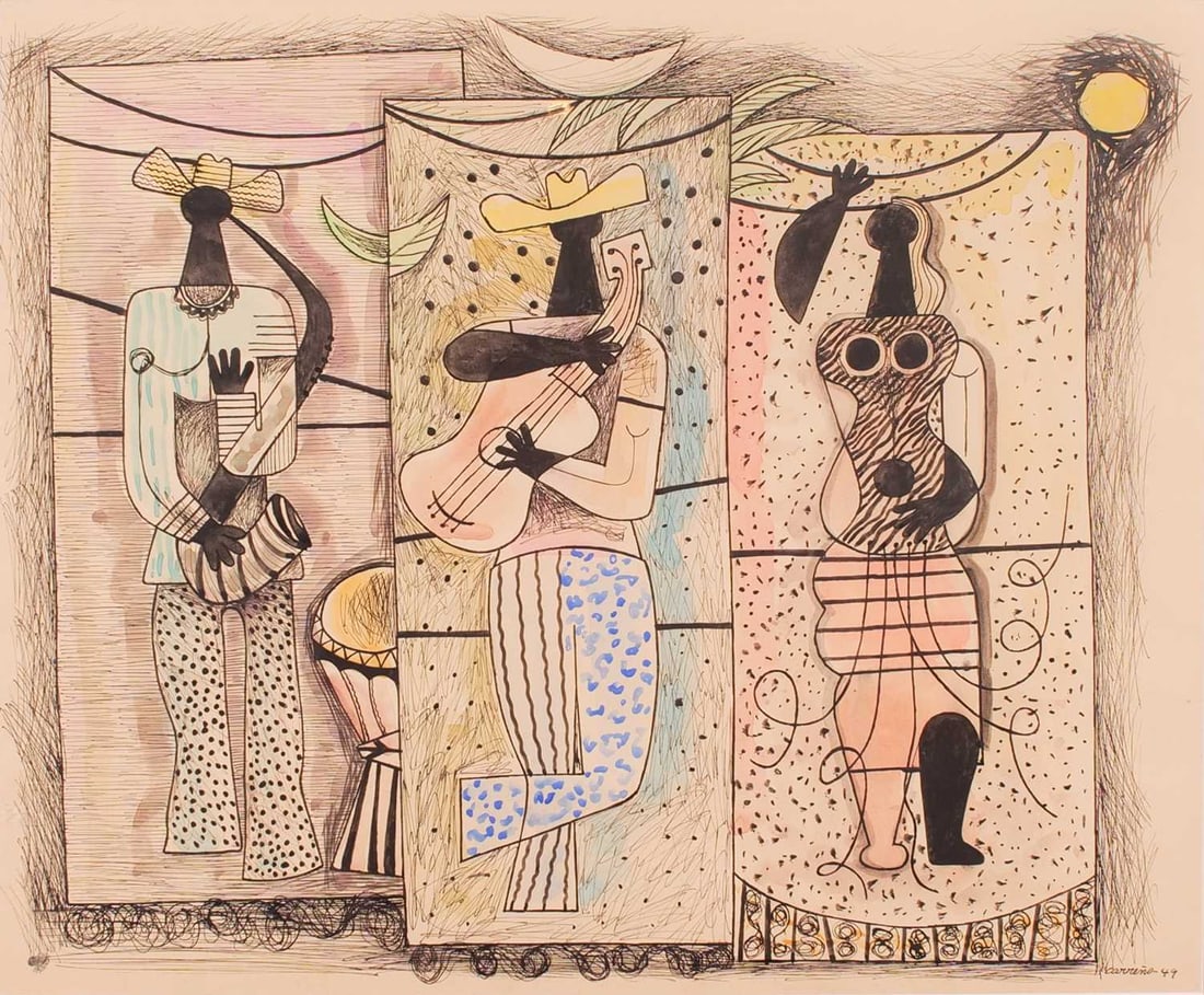 Mario Carreno: Chilean, 1913-1999Musicos, 1949Signed and dated Carreno 49 (lr)Ink and watercolor on paper18 7/8 x 22 7/8 inches (48 x 58.1 cm)Provenance:The artistWolfgang Roth & Partners Fine Art
