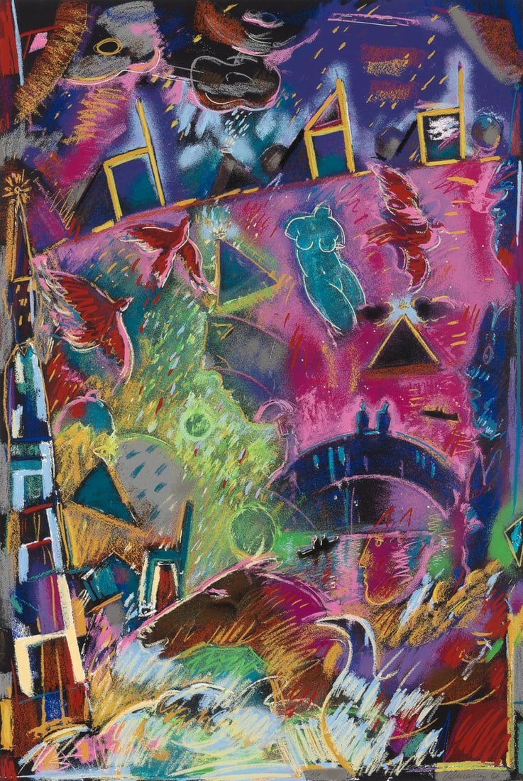 Carlos Almaraz (1941-1989): FOOL'S PARADISEColor screenprint, 1986, on wove paper, signed, dated and inscribed A/P in pencil, the full sheet, framed.Sheet 44 1/4 x 29 7/8 inches; 1124 x 759 mm.Frame 53 1/4 x 38 3/4 inches; 1353