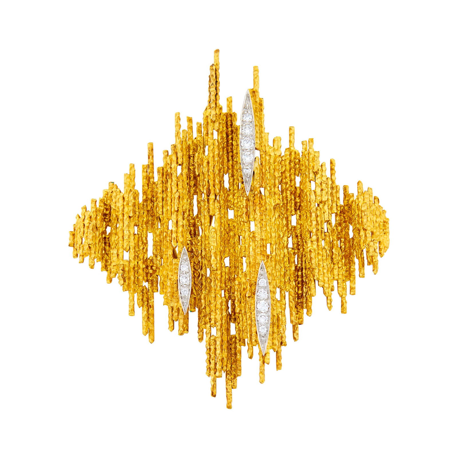 Andrew Grima Two-Color Gold and Diamond Brooch: 18 kt. yellow and white gol, 13 small round diamonds, signed Grima, H. J. Co. with English hallmarks, ap. 14.5 dwts. Diamonds: H-I-VS. 2 1/2 x 2 inches.