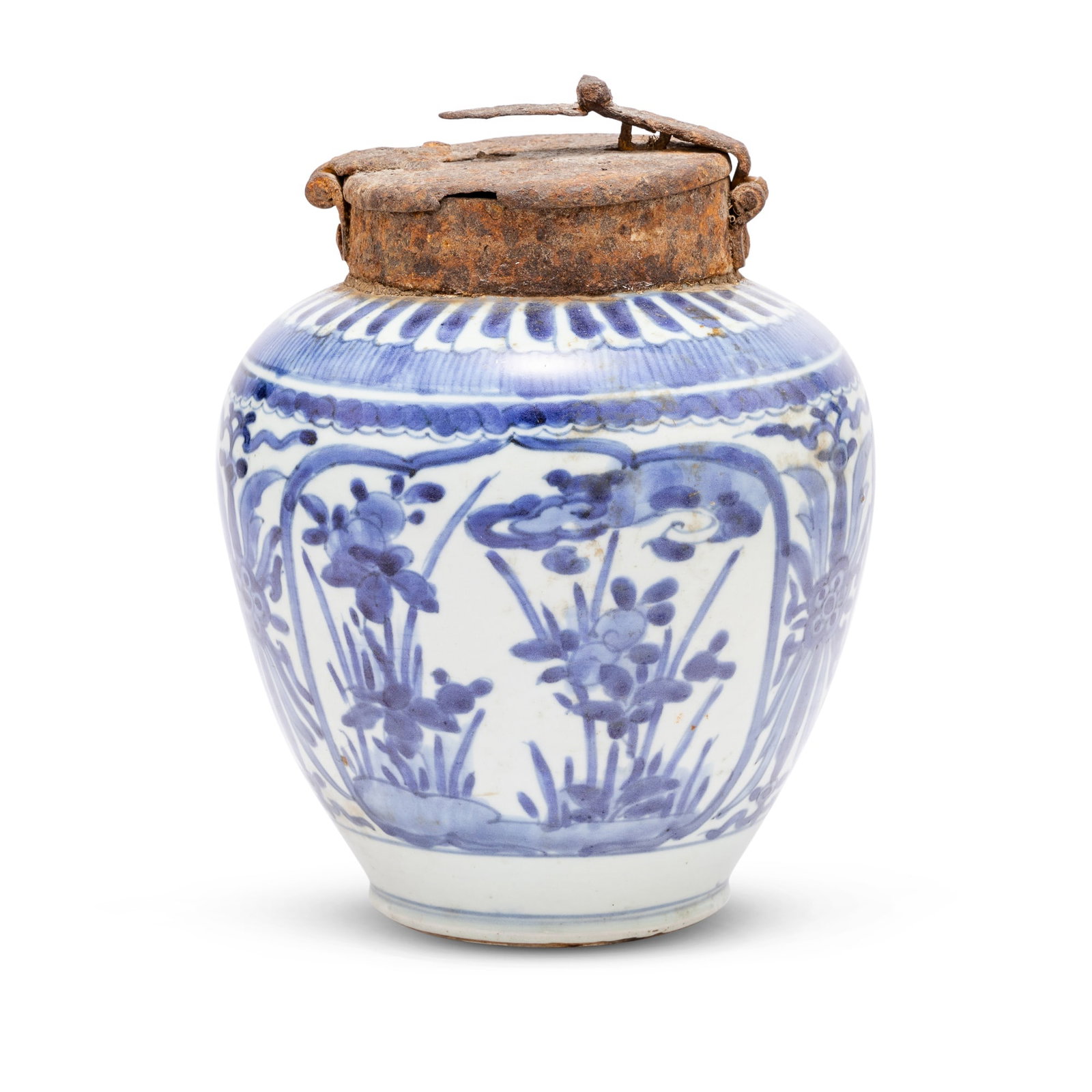 A Chinese Blue and White Porcelain Jar and Iron Cover Ming Dynasty: v class="sc-62b71l-2 btCBcg">Decorated with lotus blossoms issuing from stems. (Height 8 1/4 inches)