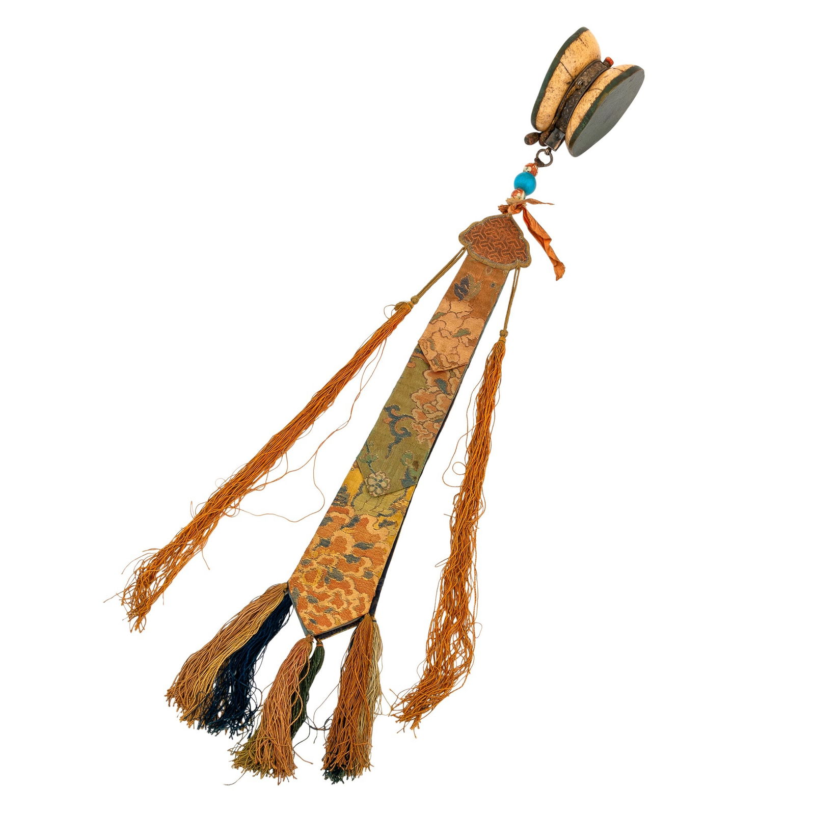 A Tibetan Damaru Double Drum 19th Century: The ritual two-headed bone drum with embroidered silk tassel. (Diameter of drum 3 1/4 inches)