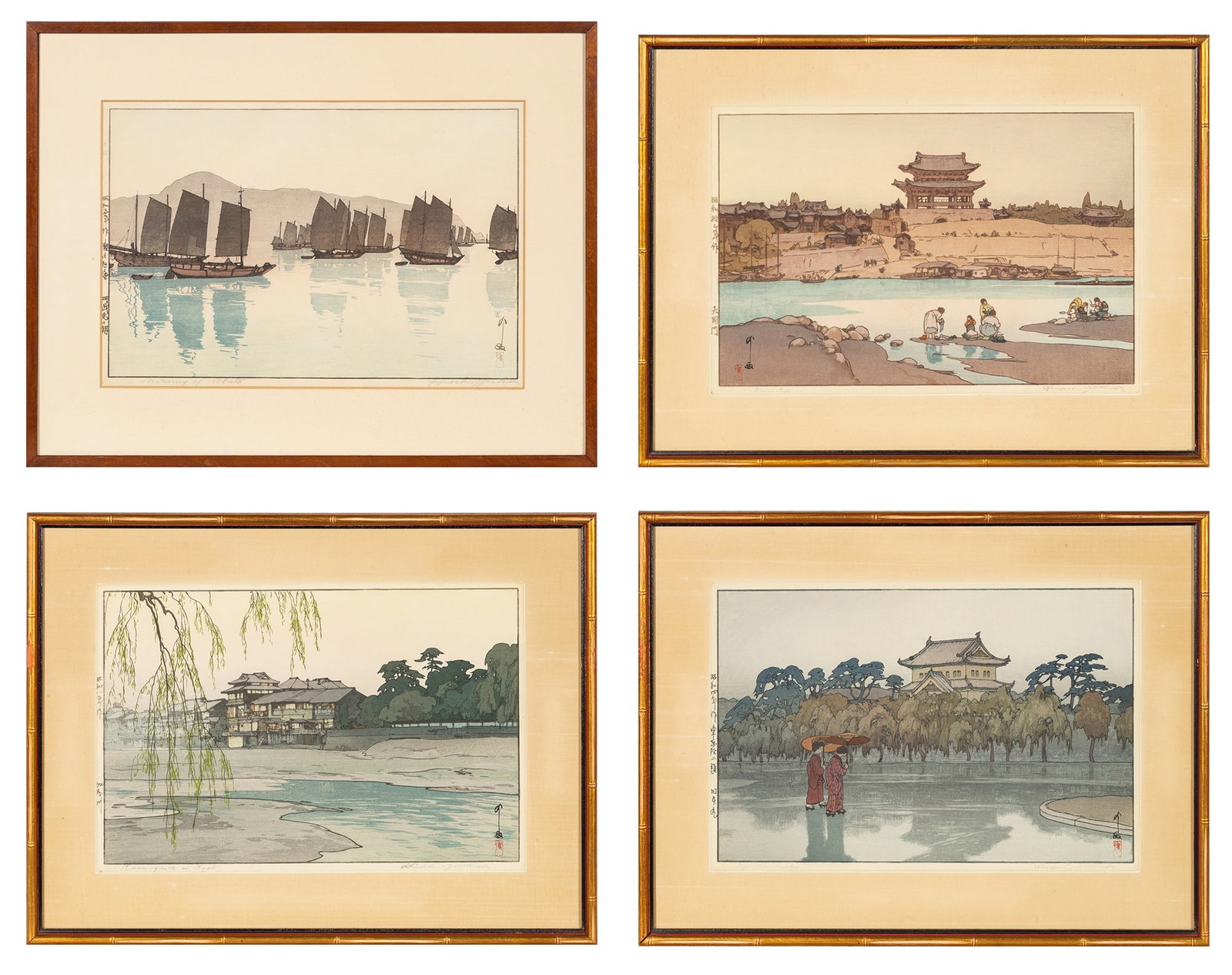 Four Japanese woodblock Prints by Hiroshi Yoshida 20th Century: Color woodblocks on paper; framed. (Sight length 15 inches)