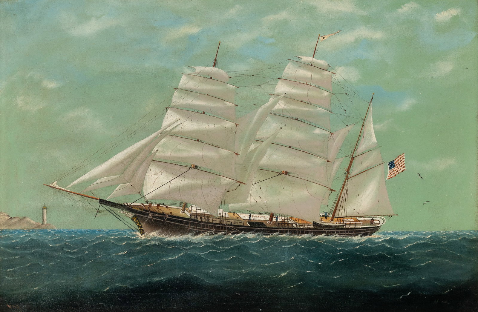 American School: 19th/20th Century The Sailing Ship Aurelie in Choppy Water, 1913 Initialed HRB and dated 1913 (ll) Oil on canvas 24 x 36 1/2 inches (61 x 92.7 cm)