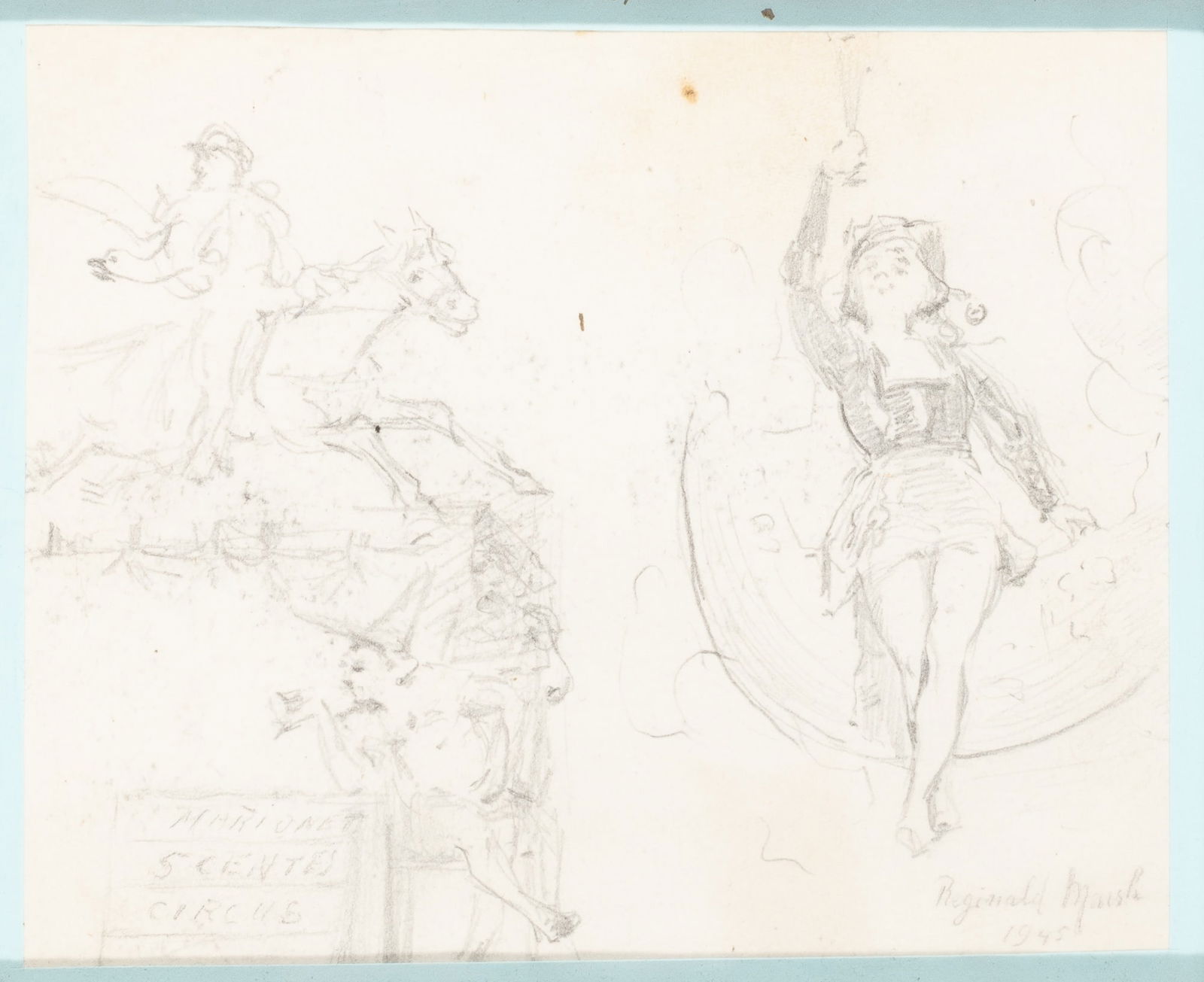 Reginald Marsh: American, 1898-1954Sketch of a Circus Scene, 1945Signed Reginald Marsh and dated 1945 (lr); inscribed MARIONET / 5 CENTES / CIRCUS (ll)Pencil on paperSight 4 1/2 x 5 1/2 inches (11.4 x 14 cm